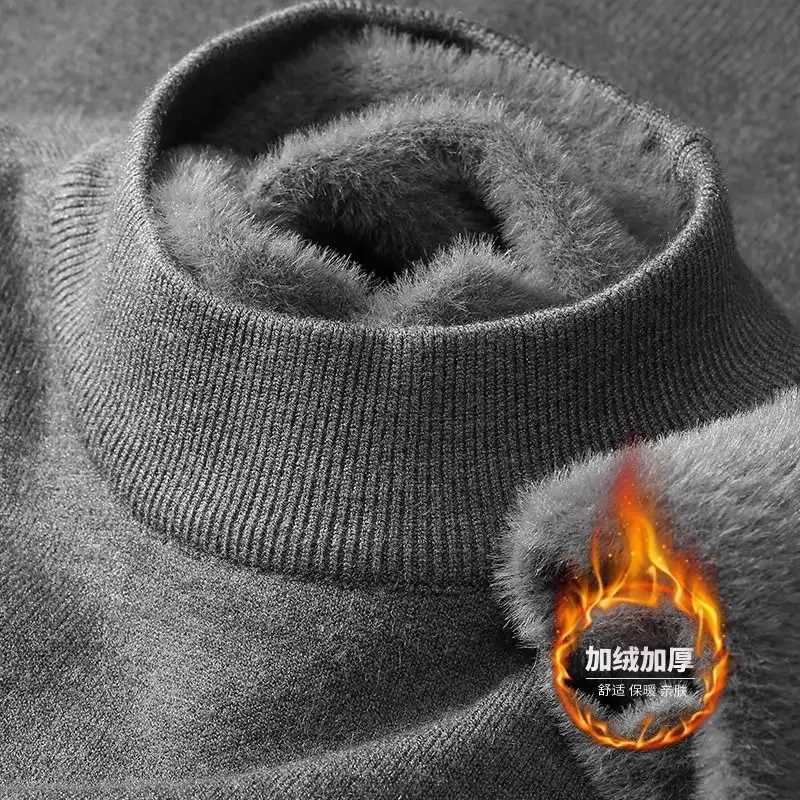 Plush mens knitted sweater with sea neck velvet pad warm solid latte autumn thick bottom casual O-neck sweater W2411111