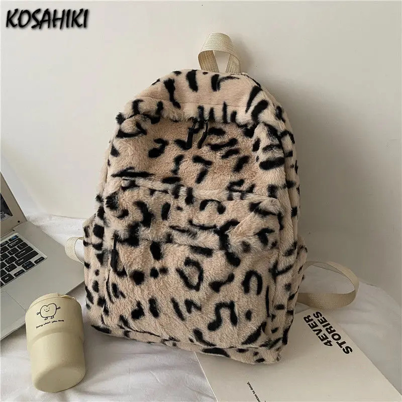 Personality Fashion Leopard Fluffy Rucksack Y2k Preparatory Casual Harajuku Backpack High Capacity Retro Grunge Student Backpack 241111