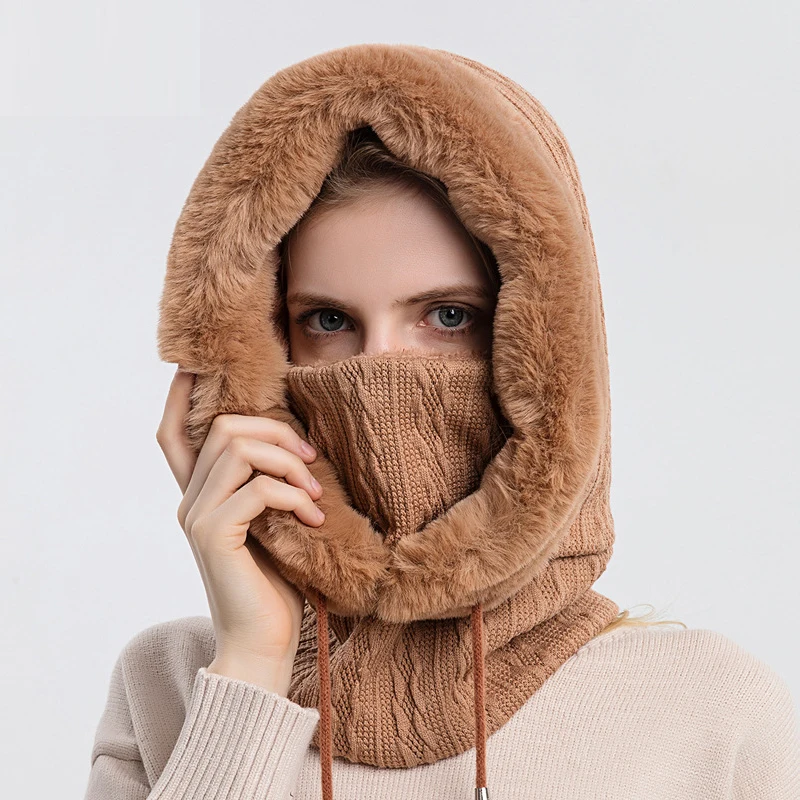 Women Slouchy Fleece Beanie Cashmere Fur Cap Hats Scarf Mask Drawstring Warm Hooded Winter Balaclava Pullover Knitted Hat