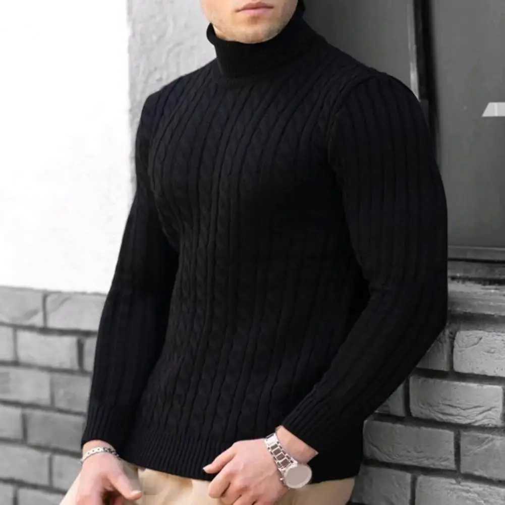 Autumn and winter mens sweater solid color turtle neck long sleeves high neck basic sweater casual floral knit mens top W2411111