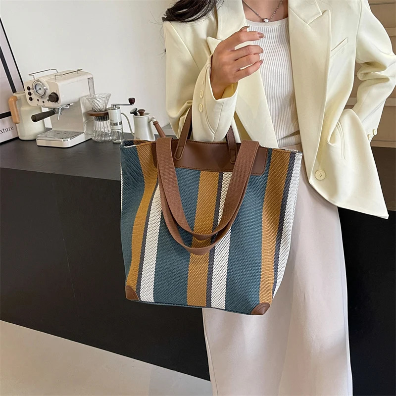 Striped Shoulder Bucket Bags For Women Canvas Fabric Large Capacity Shopping Contrast Color Commute Shopper Handbags 241111