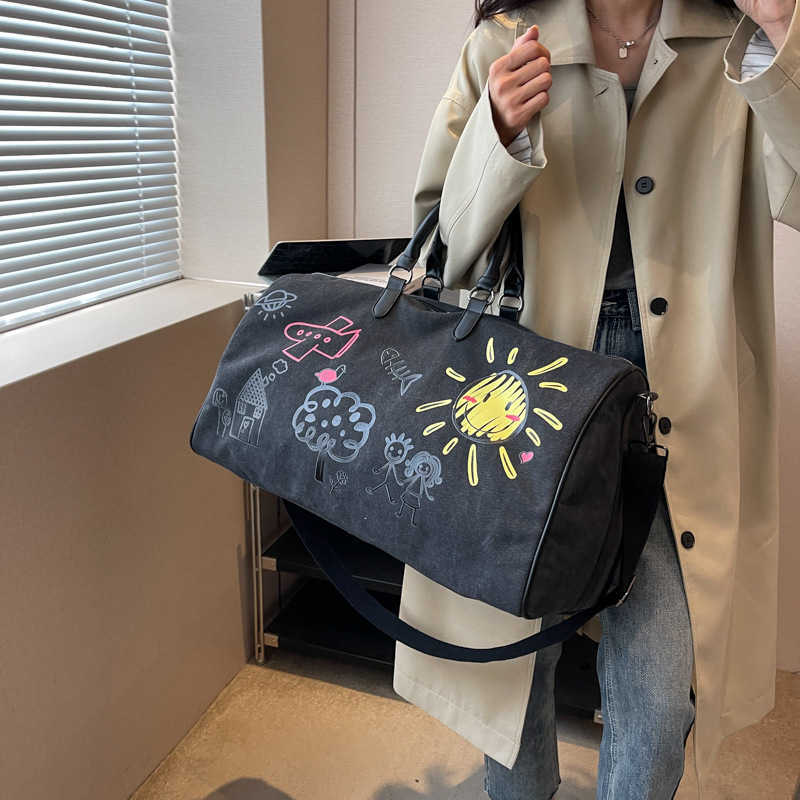 Canvas Travel Bag Womens Short Distance Large Capacity Handbag Mens Fitness Bag Dry Wet Separation Trendy Backpack Crossbody Casual