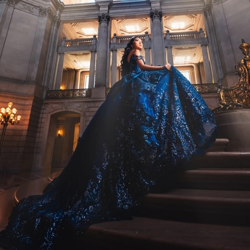 Navy Blue Shiny Quinceanera Dresses Ball Gown Off The Shoulder Sequin Lace Applique Beaded Tull Corset Sweet 16 Dress Vestidos De 15