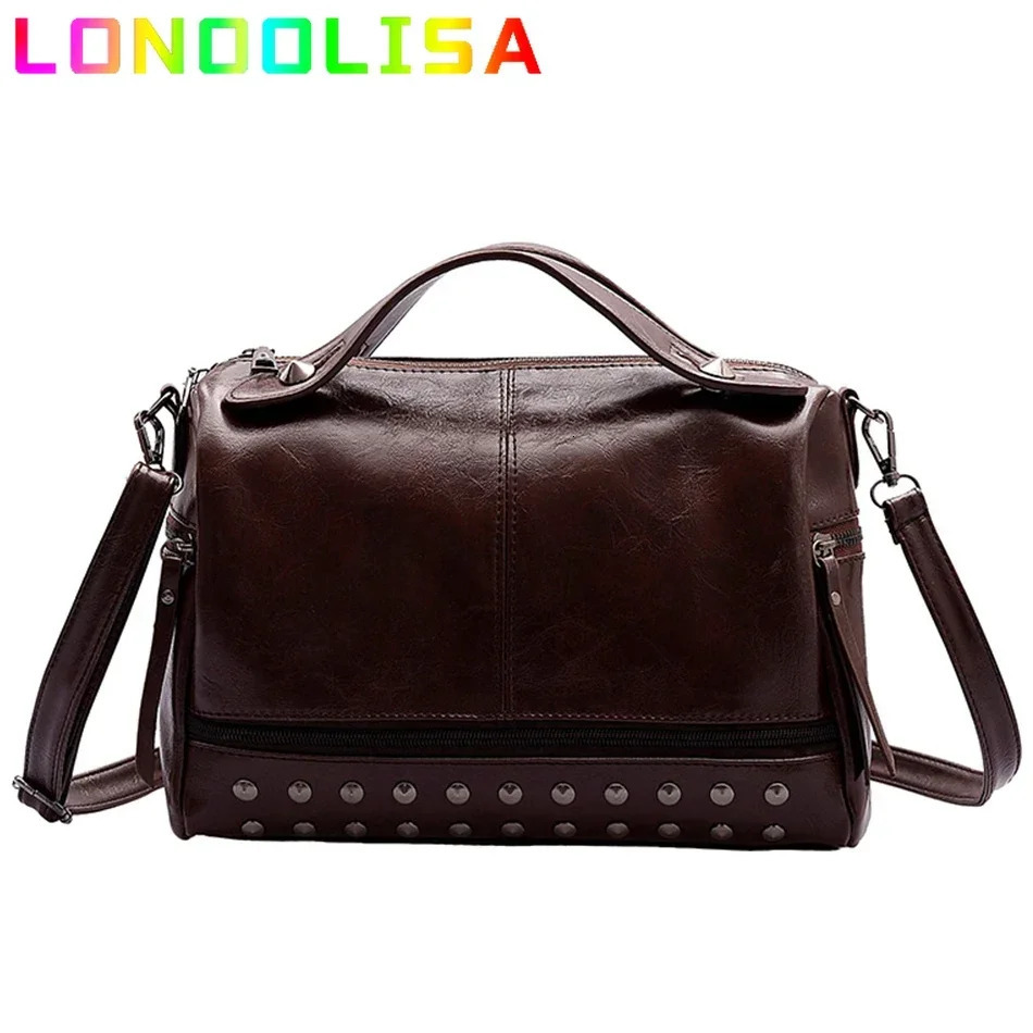 Vintage Female Rivet Shoulder Bag y Handbag Soft PU Leather Crossbody for Women Casual Boston Large Tote Bolsa Feminina 241111