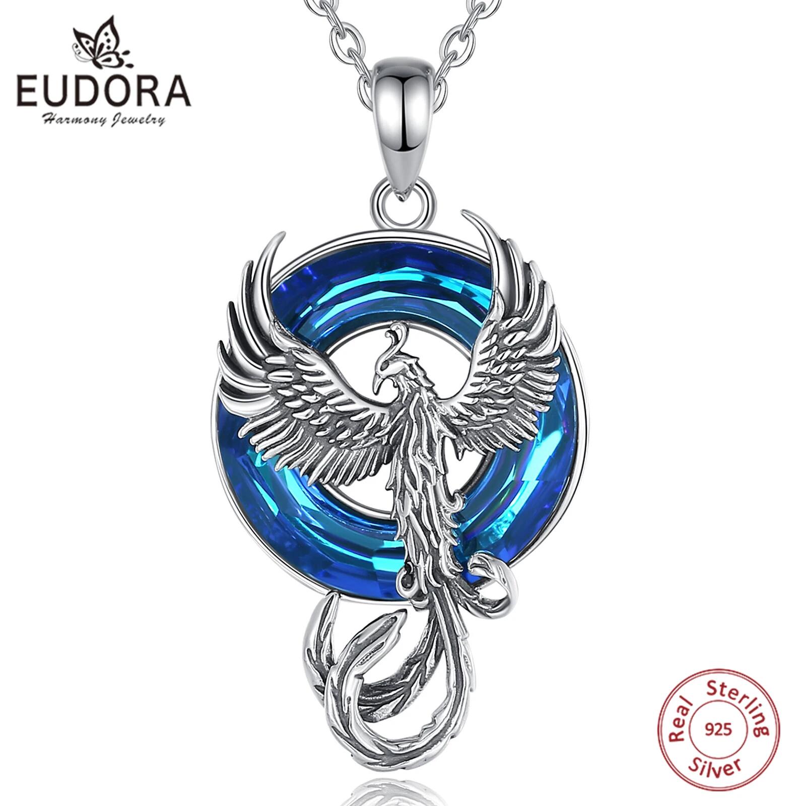 Eudora Sterling Sier Phoenix Neckalce Circle Austrian Crystal Phoenix Pendant Personality Jewelry for Women Man Gif e65e0 5 50a12