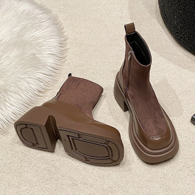 Women's Retro Thick Soled Versatile Suede Patchwork Short Boots Free Shipping.