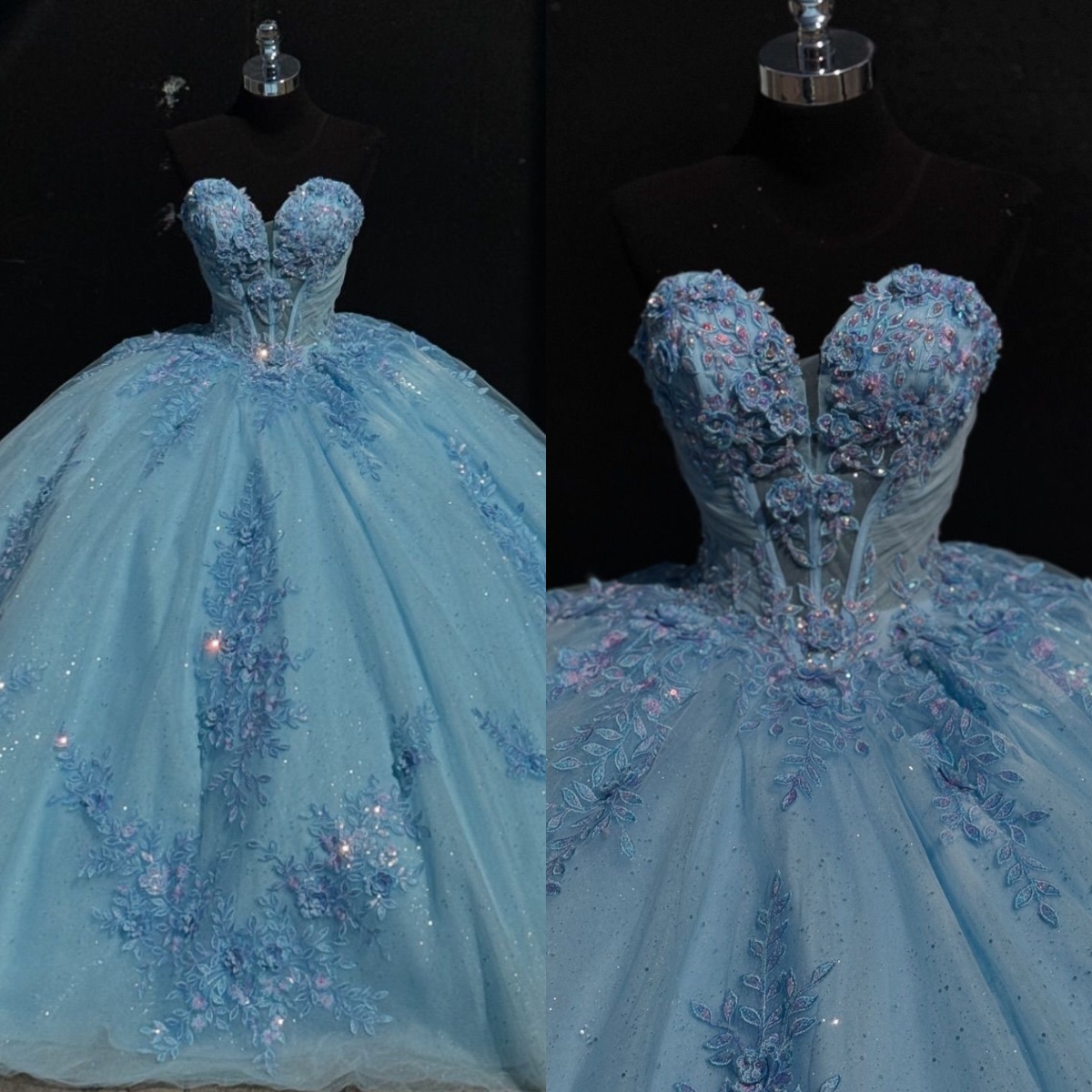 Fabulous baby blue princess Dresses sequins appliqued sweetheart ball gown evening dress sparkly Quinceanera Sweet 15 Masquerade Dress