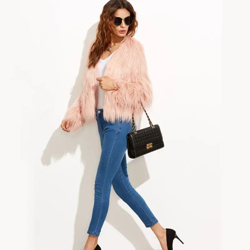 Furry Fur Coat Women Fluffy Warm Long Sleeve Outerwear Autumn Winter Jacket Hairy Collarless 241112
