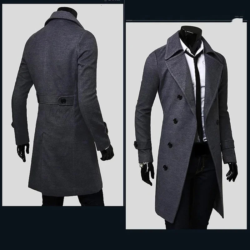 Mens double breasted trench coat winter item wool blend high-quality fashionable casual slim fit solid color mens jacket 241112