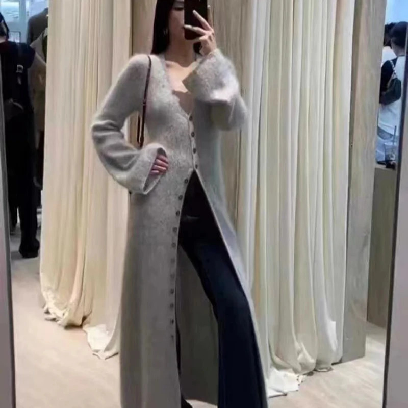 Limiguyue French Long Knit Cardigan Women High-end Mohair Sweater Jacket Fashion Runway V-neck Wool Knitwears Autumn Winter F569 241112