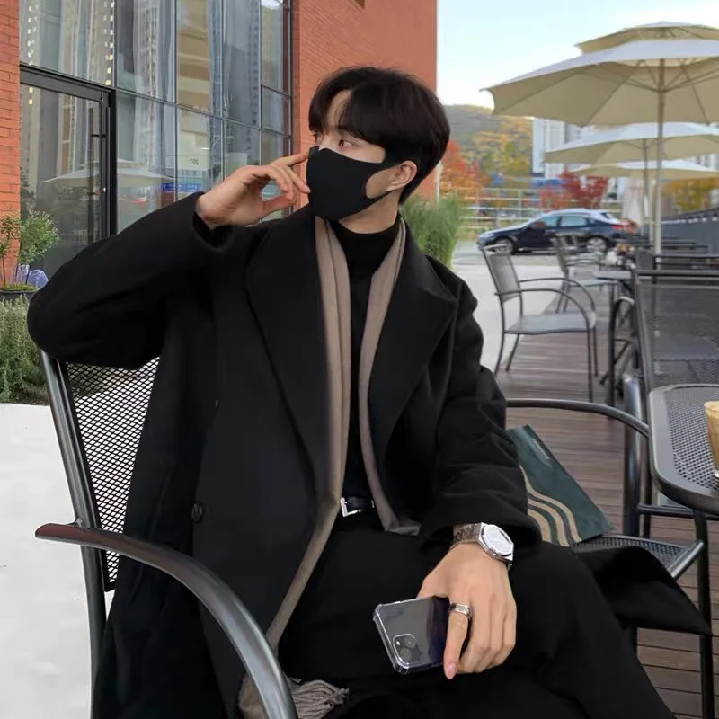 Winter mens black thick wool trench coat Korean high-quality mens casual trench coat mens street mounted windbreaker 241112