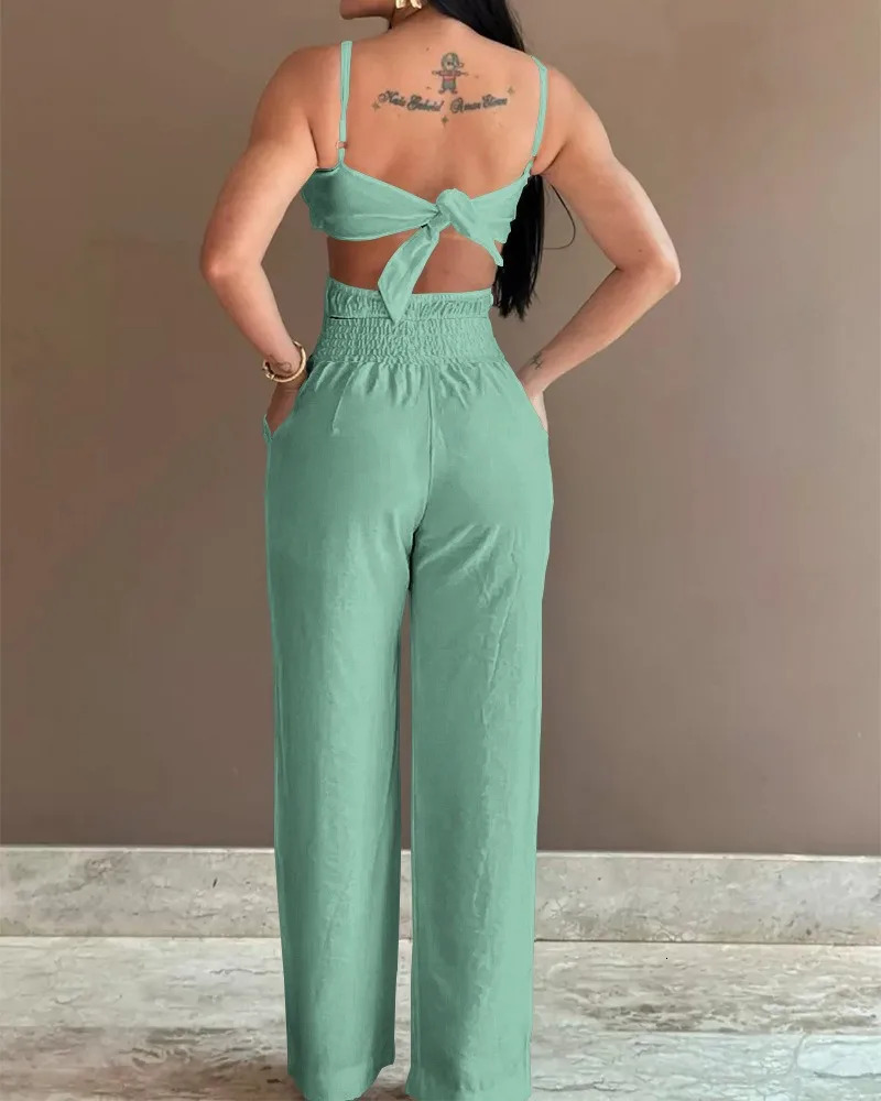 Summer Fashion jumpsuit Womens floral pattern shirt Hollow casual asymmetrical collar pocket backless jumpsuit 241112