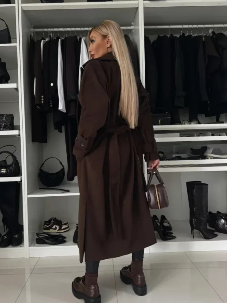 Elegant wine red collar womens coat with belt fashionable long sleeved side split wool blend coat winter womens fashionable coat 241112