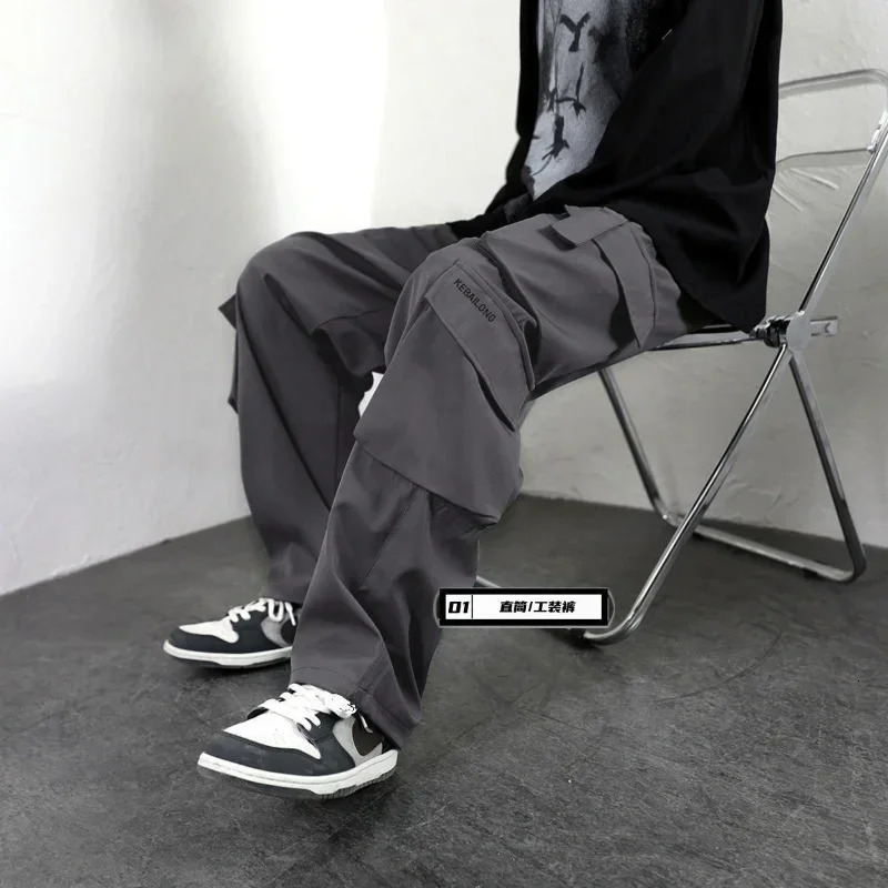 Hipster Men Black American Overalls High Street Boys Straight Leg Slacks Men Hipster Wide Leg Casual Pants 241112