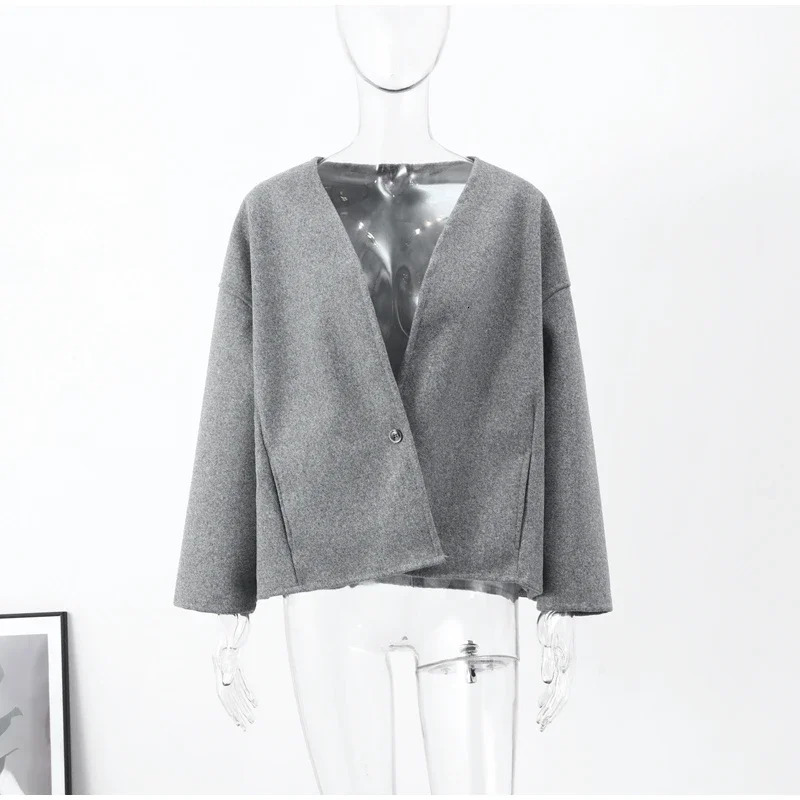 Vintage One Button Woolen Coat Women Gray Loose Long Sleeve Vneck Short Jacket Female Autumn Winter Casual Lady in Outwears 241112
