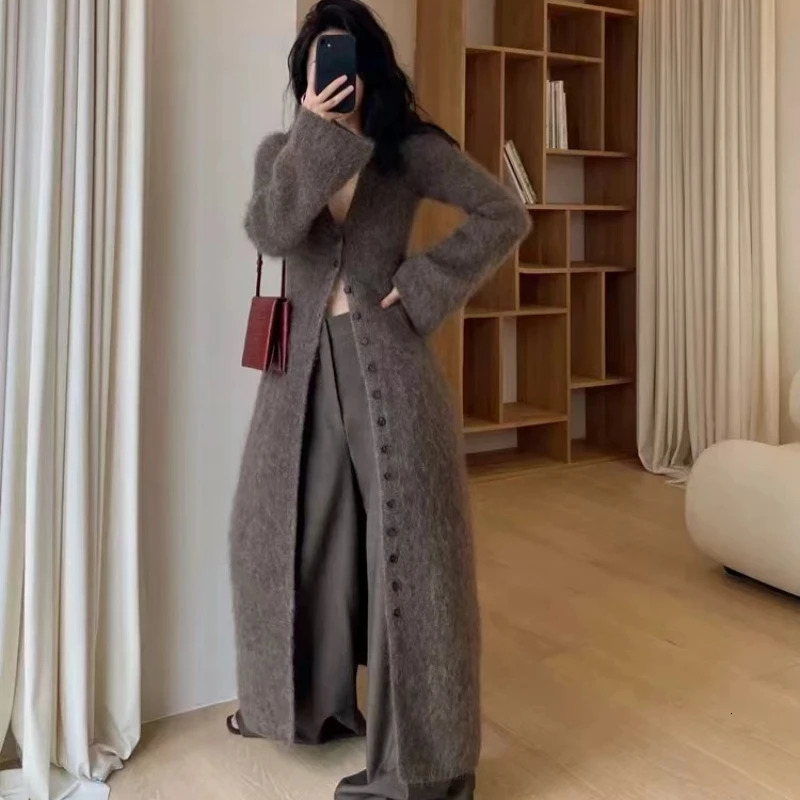 Limiguyue French Long Knit Cardigan Women High-end Mohair Sweater Jacket Fashion Runway V-neck Wool Knitwears Autumn Winter F569 241112