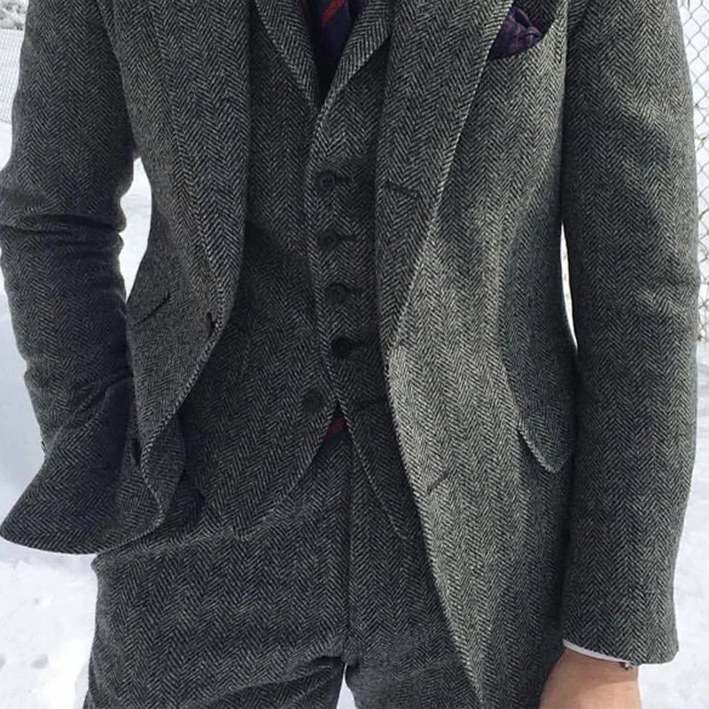 Gray Wool Tweed Winter Men Suits For Wedding Formal Groom Tuxedo Herringbone Male Fashion 3 Piece Jacket Vest PantsTie 240412