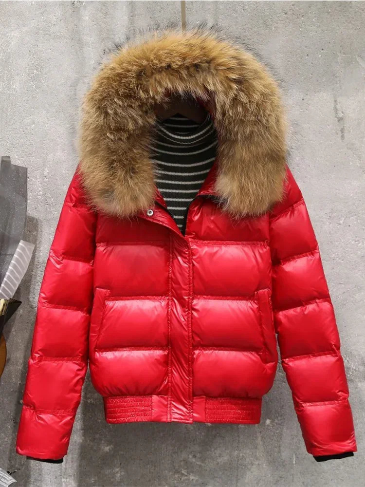 Fashion Big True Raccoon Fur Winter Coat Womens Hooded Short Warm Inflatable Jacket Waterproof Womens White Duck Down Park 241112