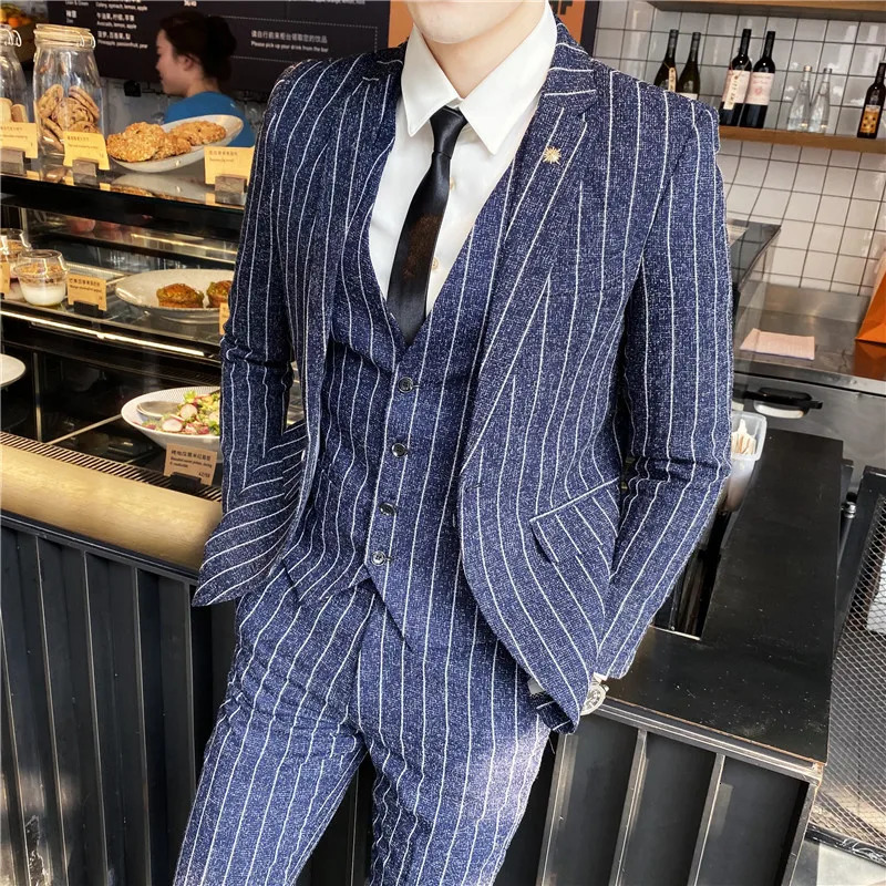 Blazer Vest Pants Stripe Plaid Mens Formal Business Office Suit Groom Wedding Dress Party Stage Host Men Korean Slim Tuxedo 240412