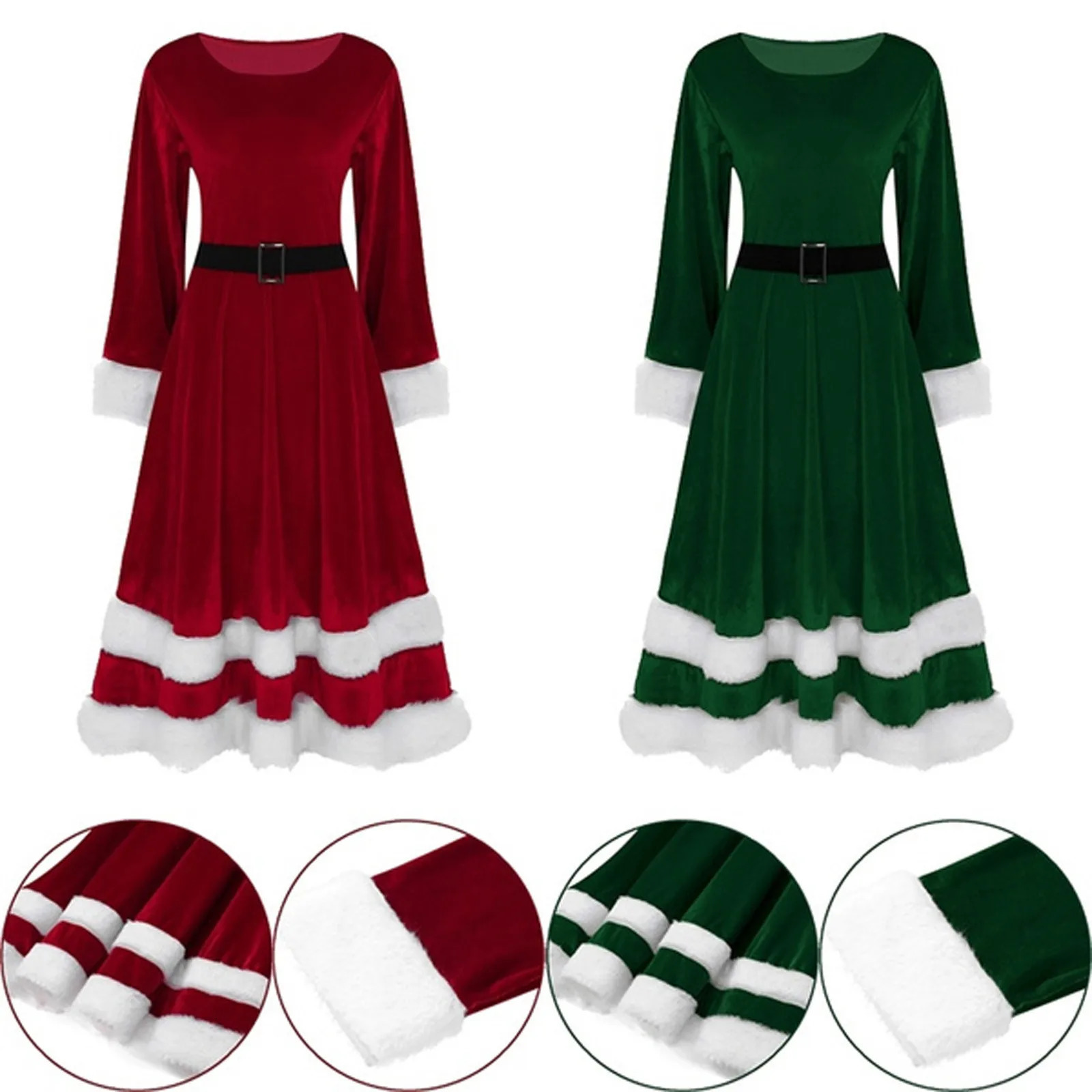 Velvet Christmas Dress Autumn Long Sleeve Christmas Party Dress Green Red Mid calf Dress Santa Claus Womens Dress 241108