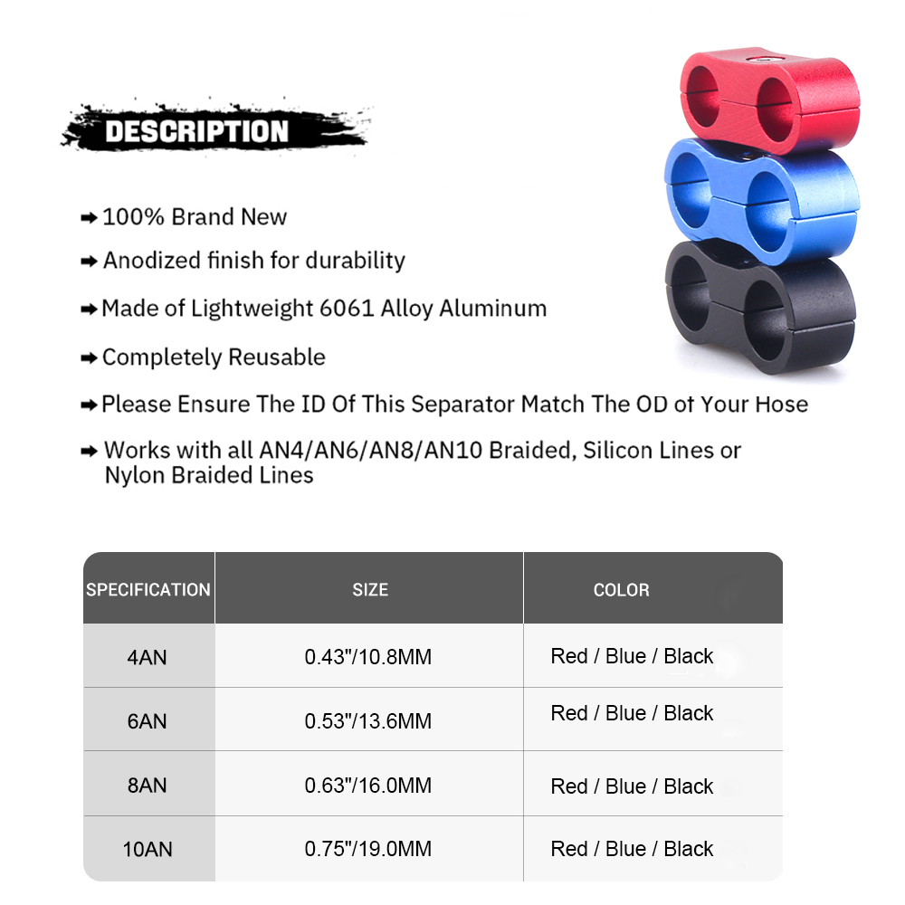 1Pcs Universal AN4 AN6 AN8 AN10 AN12 Billet Oil Fuel Water Hose Tube Seprator Divider Clamp Aluminum Line Separator