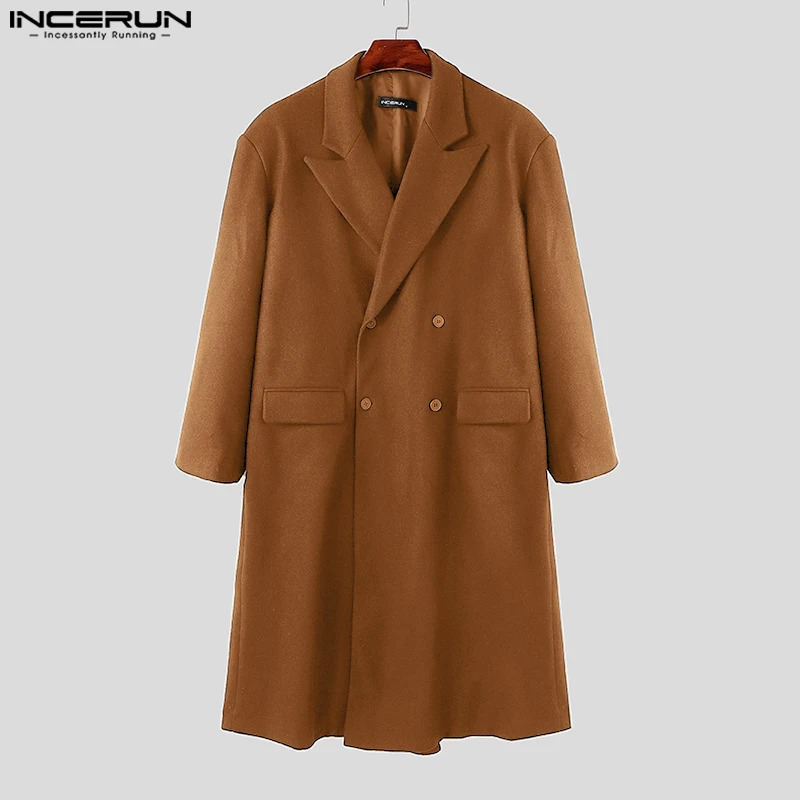 INCERUN Mens Coats Solid Collar Long Sleeve Double Chest Casual Mens Coat Street Clothing Fashion Long Coats S-5XL 241112