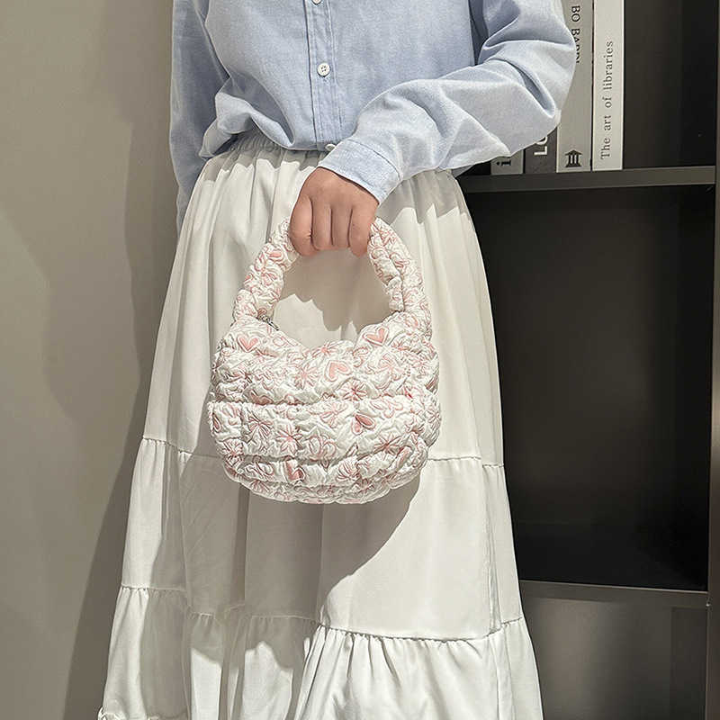 Korean Pleated Grid Cloud Bag Trendy Cotton Handbag Small Fresh Mini Shoulder bags Small Tote Bag Handbags 241112