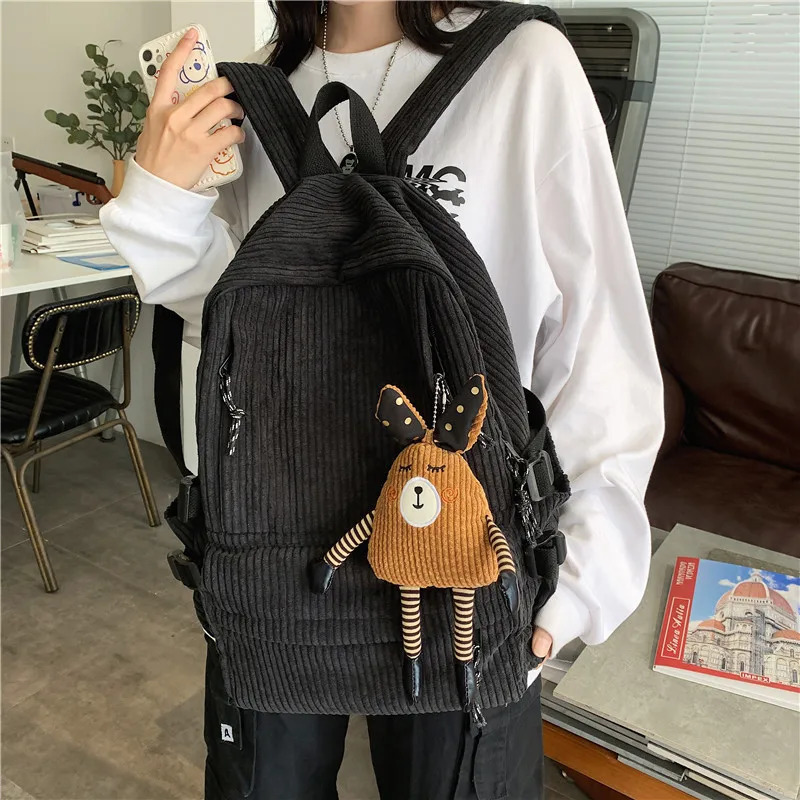 Fashion womens Corduroy backpack solid color striped Harajuku school bag teenage backpack female cute backpack Mochila 241111