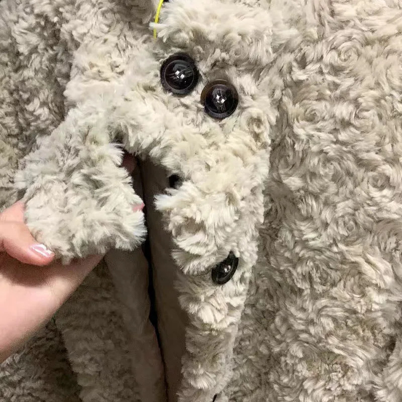 Elegant faux fur teddy warm coat Korean fashion plush coat winter womens thick fur long jacket retro loose Chaquetas 241112