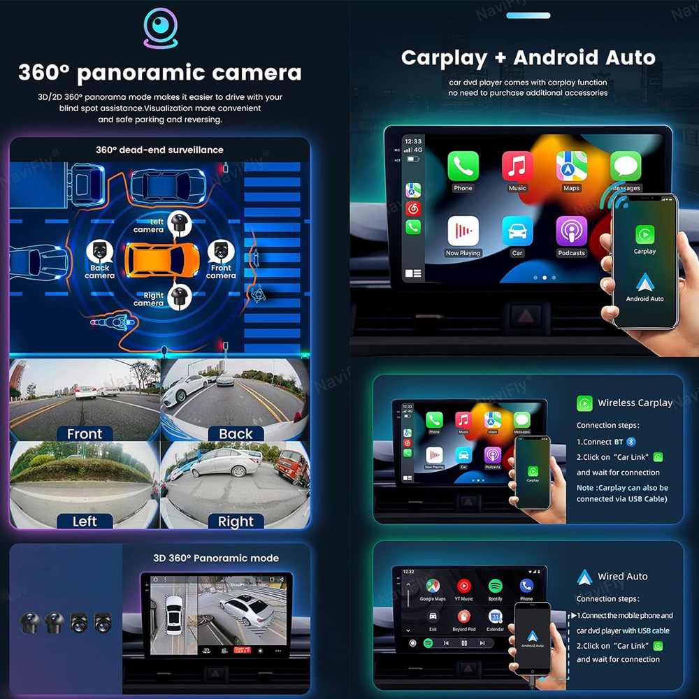 Car Radio Android Player with 360 Camera 8 Core 4G+32G DSP Car System Car Player Support WIFI GPS Bluetooth RDS Radio Kereta