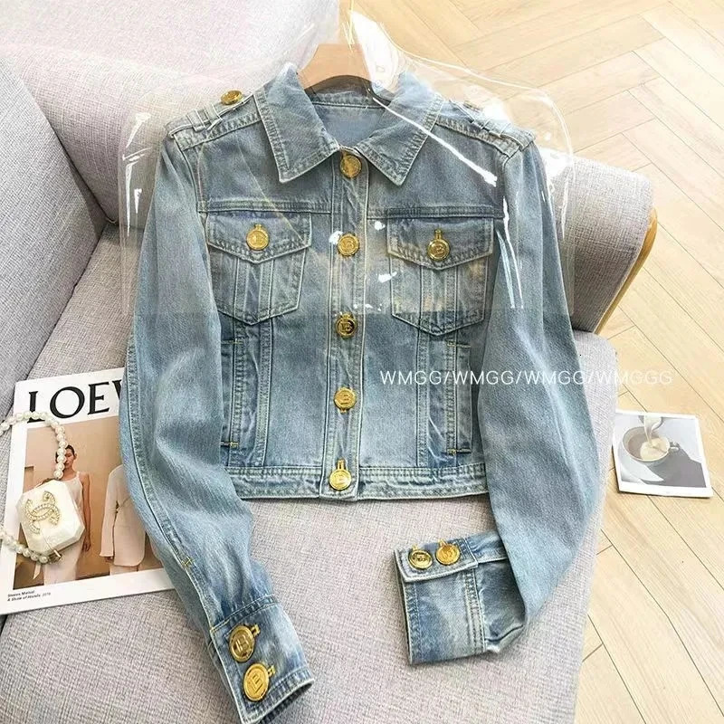 Short Heavy Industry Denim Jacket Korean Laundry Fashion Short Style Temperature Top Metal Buckle Denim Jacket 241112