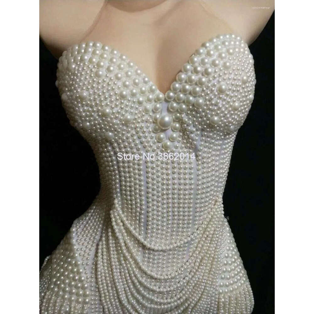 Stage Wear White Pearls Beading Bodysuit Jazz Dance Costume Evening Nightclub Bar Show Prom Birthday Outfit Women Clothes