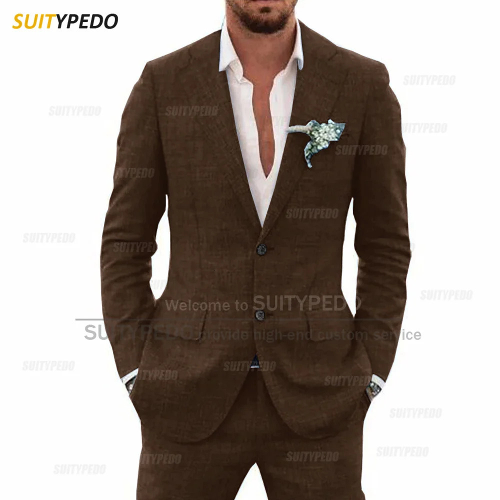 Casual Linen Suit Set For Men Wedding Party Tailormade Fashion Notch Lapel Outfits Holiday Slim Fit Male Blazer Pants 2 Pieces 240412