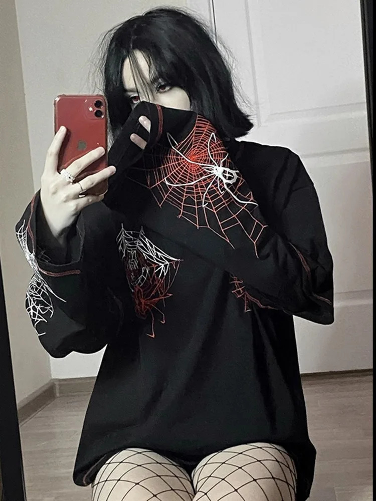 Deeptown Y2k Gothic Harajuku Spider T-shirt Womens Gothic Dark Street T-shirt Black Long Sleeve Top Autumn Spring 241112
