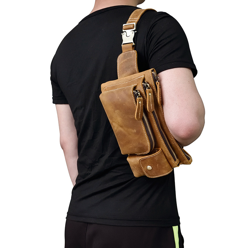 Crazy Horse Men Waist Bag Real Leather Chest Outdoor Casual Full Grain Porable Gym s Messenger Brown 2d8a2