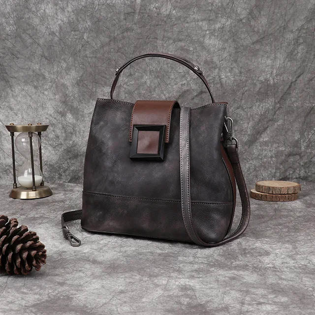 Motaora Women's Retro Genuine Leather Shoulder Handmade Women Bucket Bag First Layer Cowhide Top-Handle Bags For Female Genuine Leather BagVoyage