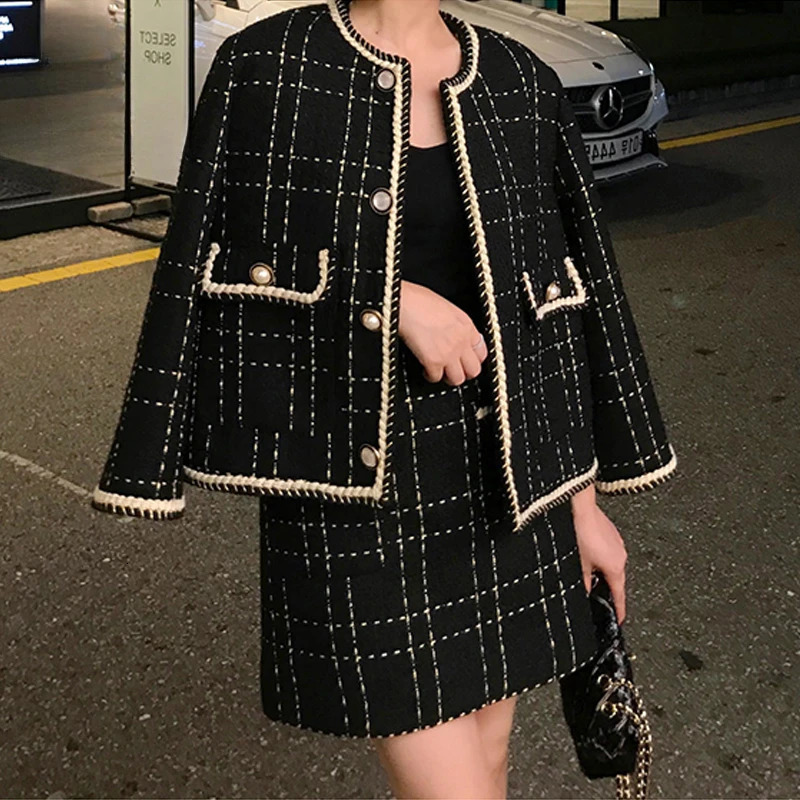 Autumn Elegant Black Checkered Wool Coarse Felt JacketMini Skiing Set Office Elegant Womens Two Piece Set Sportswear 241112