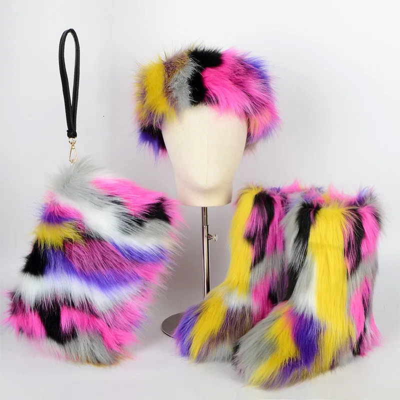 Women Winter High-end Fur Snow Boots Non-slip Womens Shoes Fashion Color Warm Plus Velvet Cotton Boots Warm Headband Handbag 241112