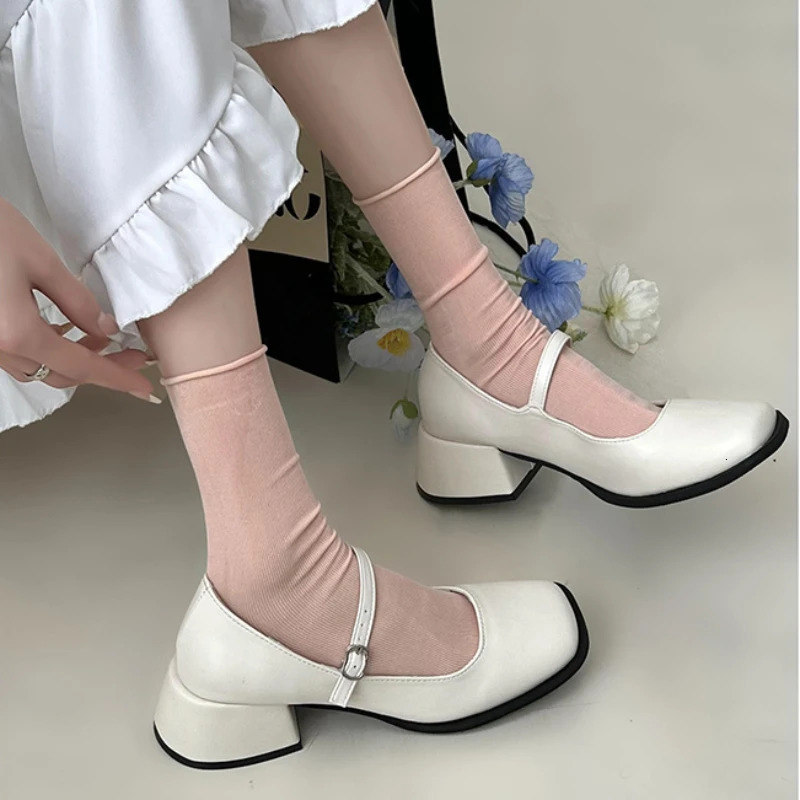 Women Square Toe Chunky Heel Shoes Women Autumn Silver Buckle Strap Mid Heels Mary Jane Shoes Ladies Dress Office Shallow Shoes 241112
