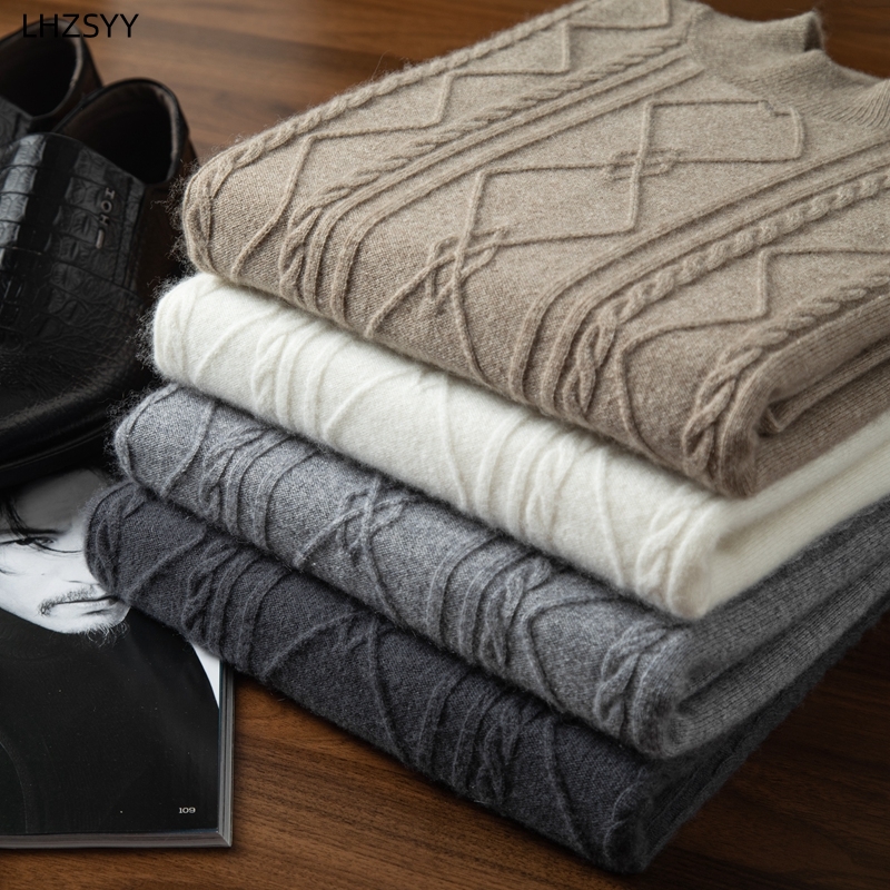 LHZSYY New Men's 100% Pure Cashmere Sweater Fall/Winter Half-high Neck Jacquard Pullovers Youth Plus Size Knit Base Shirt Tide c651d