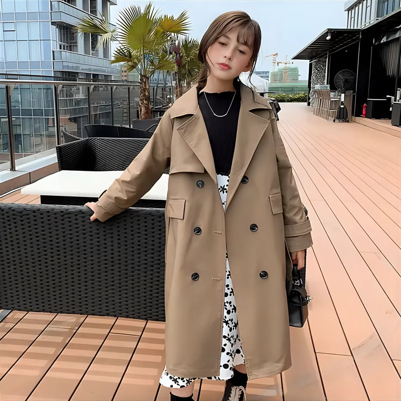 Trench Coat for Girls Autumn Children Windbreaker Long Sleeve British Style Double-breasted Jackets Teenage Kids Outerwear 241111