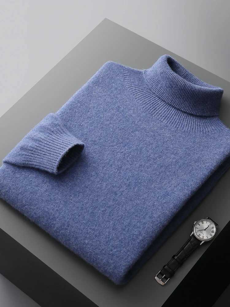 Autumn Mens Turtle Neck Solid Color Long Sleeve Warm Pulling 00% Merino Wool Knitted Sweater High end Commercial Thick Top W2411111