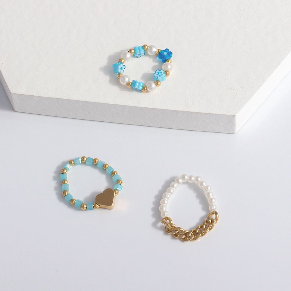 Elastic Trendy Pearl Bohemia Korean Acrylic Women Ring Party Jewelry Finger Ring Set Beaded Rings 2a174