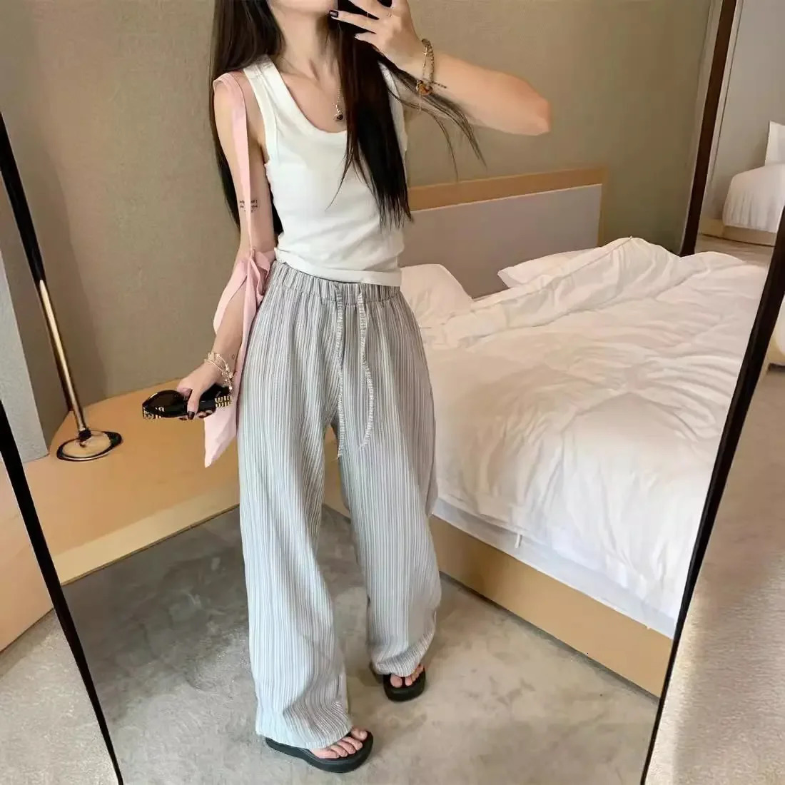 Simple Idle Sle Retro Thin Blue Stripes Casual Pants Women Summer Drawstring Elastic Waist Loose Straight Pants 241112