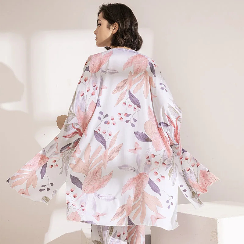 selling 3-piece soft sleepwear set suitable for spring and autumn womens sleepwear floral printed pink leaf cardiganCamisolpants 241112
