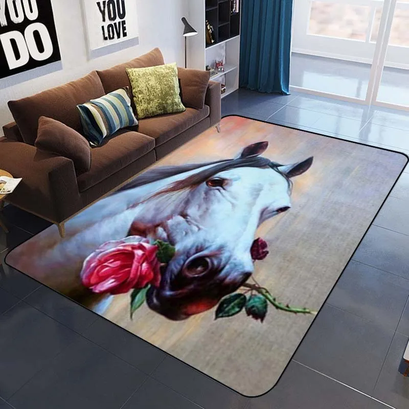 Cute horses strong black horse white horse pattern decorative carpet bedroom living study house pad rug