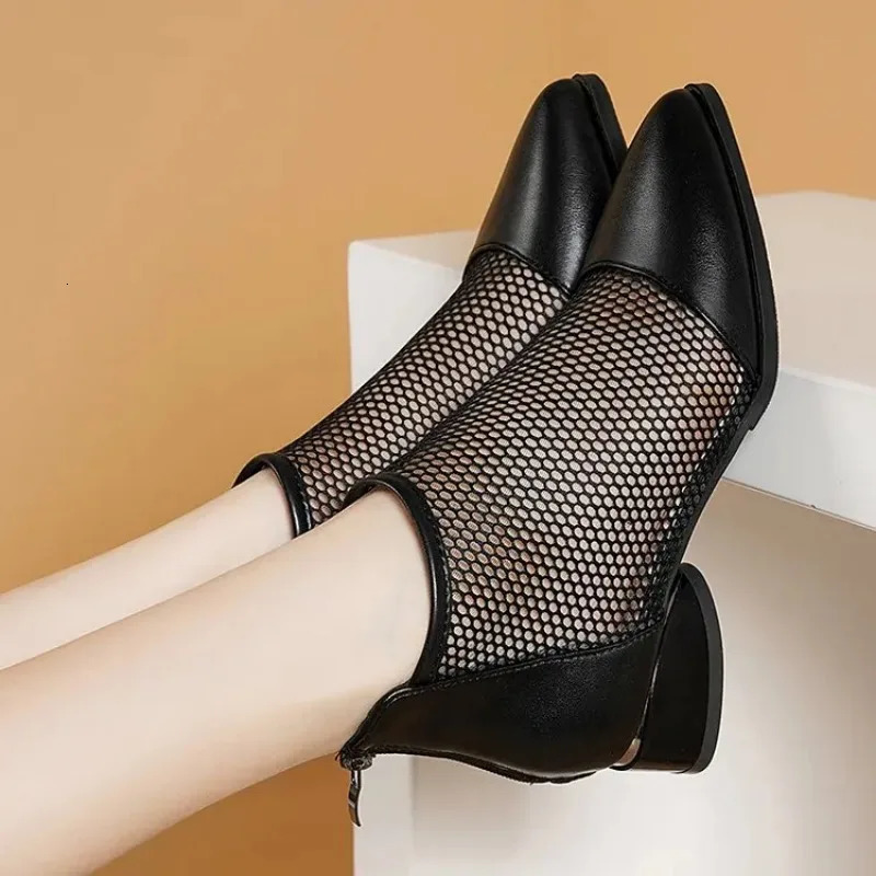 Summer Sexy Mesh Ankle Boots Pointed Toes Low Boots Womens Short Boots Thick Boots Spring Back Zipper Shoes 241111