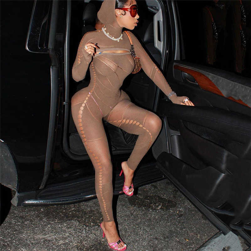 Women's Jumpsuits Rompers 2024 Spring Women's New Sexy Hollow Perspective Hooded High Waist Tight Knit Jumpsuit Pants Woman T241112