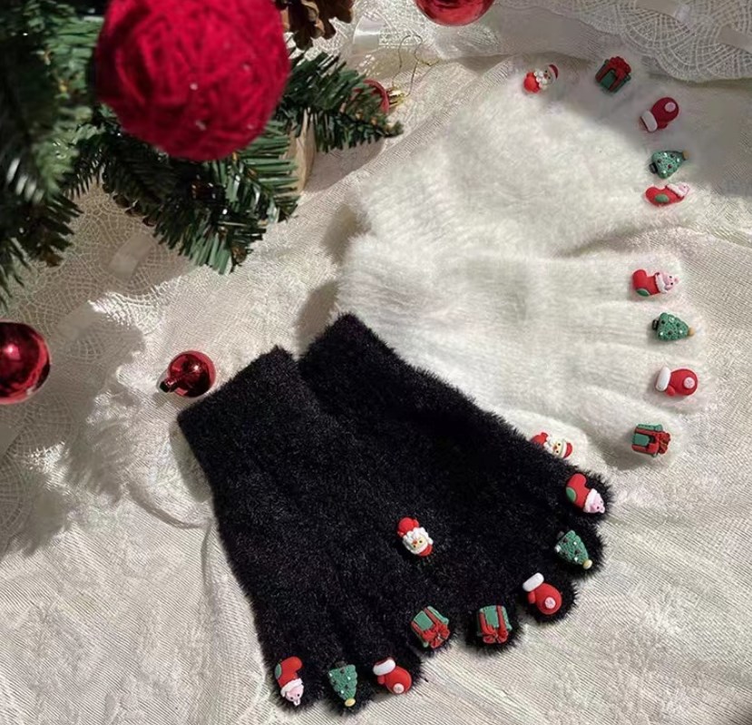 Costume Accessories Knitted Warmth Christmas Gift Full Finger Plush Couple Santa Claus Finger Gloves