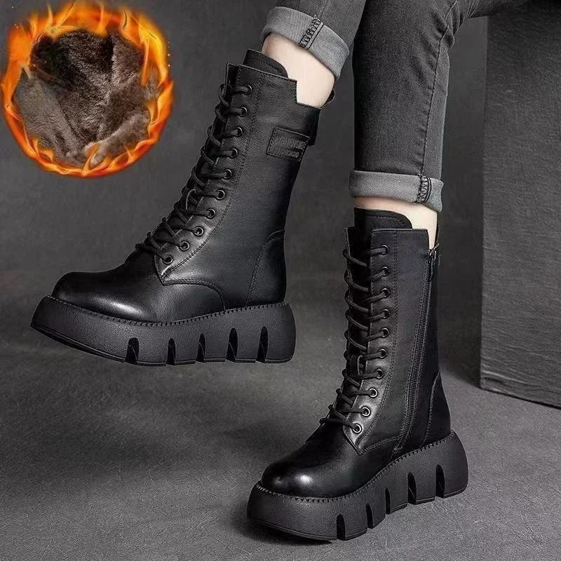 Winter Leather Women Boots Round Toe Mid-heel Ankle Boots for Women Lace Up Warm Snow Boots Retro Lady Platform Bikerboots Women 241112